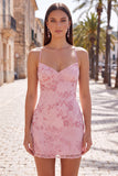 Apricot Bodycon Spaghetti Straps Beaded Short Homecoming Dress with Sequins