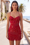 Apricot Bodycon Spaghetti Straps Beaded Short Homecoming Dress with Sequins