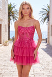 Fuchsia A Line Corset Strapless Tiered Homecoming Dress with Lace Appliques