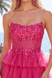Fuchsia A Line Corset Strapless Tiered Homecoming Dress with Lace Appliques