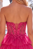 Fuchsia A Line Corset Strapless Tiered Homecoming Dress with Lace Appliques