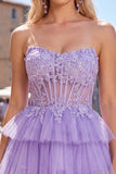 Fuchsia A Line Corset Strapless Tiered Homecoming Dress with Lace Appliques