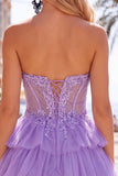 Fuchsia A Line Corset Strapless Tiered Homecoming Dress with Lace Appliques
