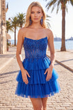 Fuchsia A Line Corset Strapless Tiered Homecoming Dress with Lace Appliques