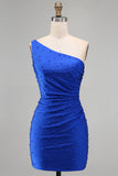 Royal Blue One Shoulder Pearls Ruched Bodycon Short Homecoming Dress with Beading