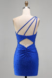Royal Blue One Shoulder Pearls Ruched Bodycon Short Homecoming Dress with Beading