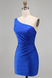 Royal Blue One Shoulder Pearls Ruched Bodycon Short Homecoming Dress with Beading