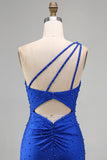 Royal Blue One Shoulder Pearls Ruched Bodycon Short Homecoming Dress with Beading