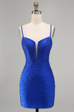 Royal Blue Pearls Corset Bodycon Short Homecoming Dress with Beading