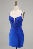 Royal Blue Pearls Corset Bodycon Short Homecoming Dress with Beading