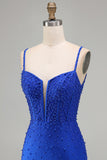 Royal Blue Pearls Corset Bodycon Short Homecoming Dress with Beading