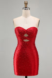 Sparkly Red Cut Out Pearl Bodycon Strapless Short Homecoming Dress with Beading