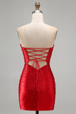 Sparkly Red Cut Out Pearl Bodycon Strapless Short Homecoming Dress with Beading
