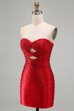 Sparkly Red Cut Out Pearl Bodycon Strapless Short Homecoming Dress with Beading