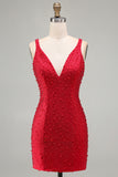 Sparkly Red Bodycon V-Neck Beaded Pearls Short Homecoming Dress