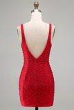 Sparkly Red Bodycon V-Neck Beaded Pearls Short Homecoming Dress