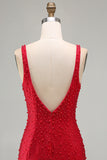 Sparkly Red Bodycon V-Neck Beaded Pearls Short Homecoming Dress