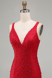 Sparkly Red Bodycon V-Neck Beaded Pearls Short Homecoming Dress