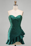 Dark Green Bodycon Corset Beaded Pearls Asymmetrical Ruffle Hem Homecoming Dress