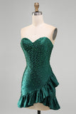 Dark Green Bodycon Corset Beaded Pearls Asymmetrical Ruffle Hem Homecoming Dress