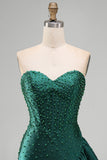 Dark Green Bodycon Corset Beaded Pearls Asymmetrical Ruffle Hem Homecoming Dress
