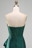 Dark Green Bodycon Corset Beaded Pearls Asymmetrical Ruffle Hem Homecoming Dress