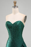 Dark Green Bodycon Corset Beaded Pearls Asymmetrical Ruffle Hem Homecoming Dress
