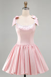 Pink A-Line Satin Corset Pearl Beaded Ruched Short Homecoming Dress with Bows