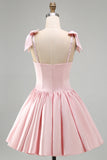 Pink A-Line Satin Corset Pearl Beaded Ruched Short Homecoming Dress with Bows