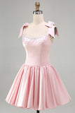 Pink A-Line Satin Corset Pearl Beaded Ruched Short Homecoming Dress with Bows