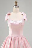 Pink A-Line Satin Corset Pearl Beaded Ruched Short Homecoming Dress with Bows