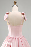 Pink A-Line Satin Corset Pearl Beaded Ruched Short Homecoming Dress with Bows