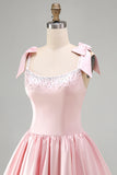 Pink A-Line Satin Corset Pearl Beaded Ruched Short Homecoming Dress with Bows