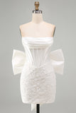 White Corset Lace Bodycon Strapless Short Homecoming Dress with Big Bow