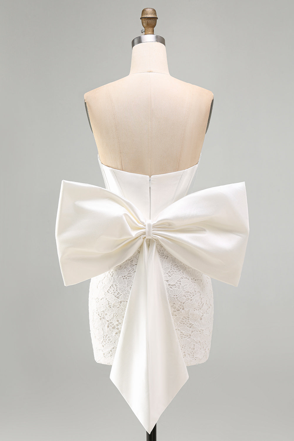 ZAPAKA Women White Corset Homecoming Dress with Bow Lace Bodycon Satin Strapless Short Wedding Dress