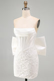 White Corset Lace Bodycon Strapless Short Homecoming Dress with Big Bow