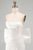 White Corset Lace Bodycon Strapless Short Homecoming Dress with Big Bow