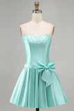 Mint Satin Beaded A-Line Strapless Pearl Homecoming Dress with Bow