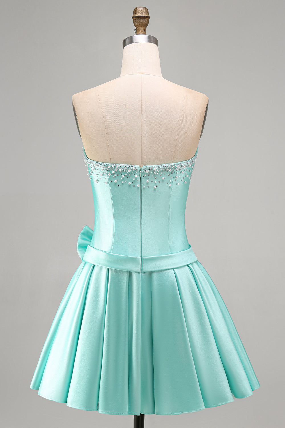 ZAPAKA Women Strapless Pearl Homecoming Dress with Bow Mint Satin Beaded A-Line Short Prom Dress