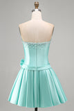 Mint Satin Beaded A-Line Strapless Pearl Homecoming Dress with Bow