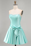 Mint Satin Beaded A-Line Strapless Pearl Homecoming Dress with Bow