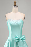 Mint Satin Beaded A-Line Strapless Pearl Homecoming Dress with Bow