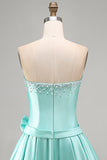 Mint Satin Beaded A-Line Strapless Pearl Homecoming Dress with Bow