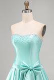 Mint Satin Beaded A-Line Strapless Pearl Homecoming Dress with Bow