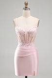 Pink Bodycon Sheer Corset Sequins Satin Short Homecoming Dress with Appliques