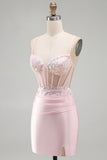 Pink Bodycon Sheer Corset Sequins Satin Short Homecoming Dress with Appliques