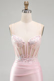 Pink Bodycon Sheer Corset Sequins Satin Short Homecoming Dress with Appliques