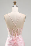 Pink Bodycon Sheer Corset Sequins Satin Short Homecoming Dress with Appliques