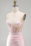 Pink Bodycon Sheer Corset Sequins Satin Short Homecoming Dress with Appliques