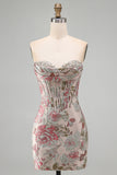 Pink Flower Jacquard Corset Bodycon Sequins Strapless Short Homecoming Dress